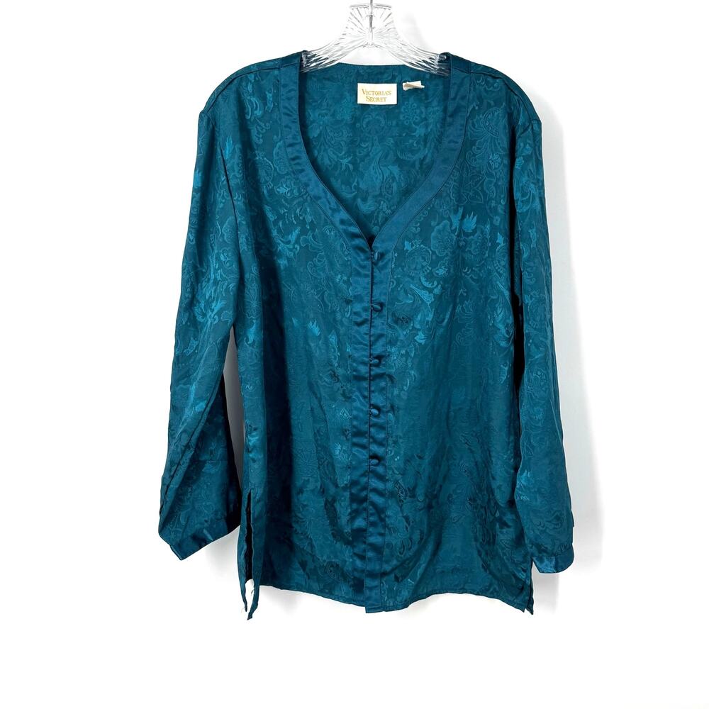VTG Victoria's Secret Gold Label Jacquard Satin Sleep Shirt Size M Teal Pajama